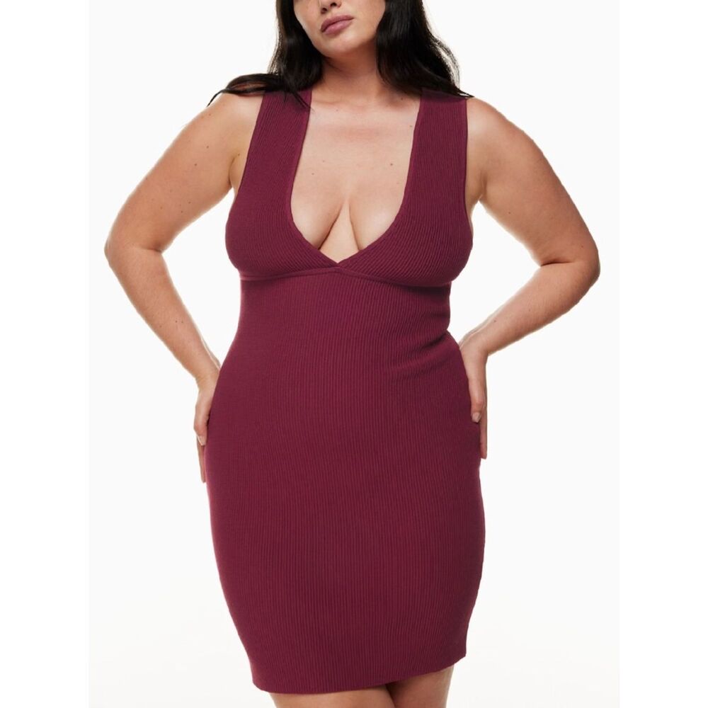Babaton Sculpt Knit Ribbed V-Neck Bodycon Dress in Wine Medium